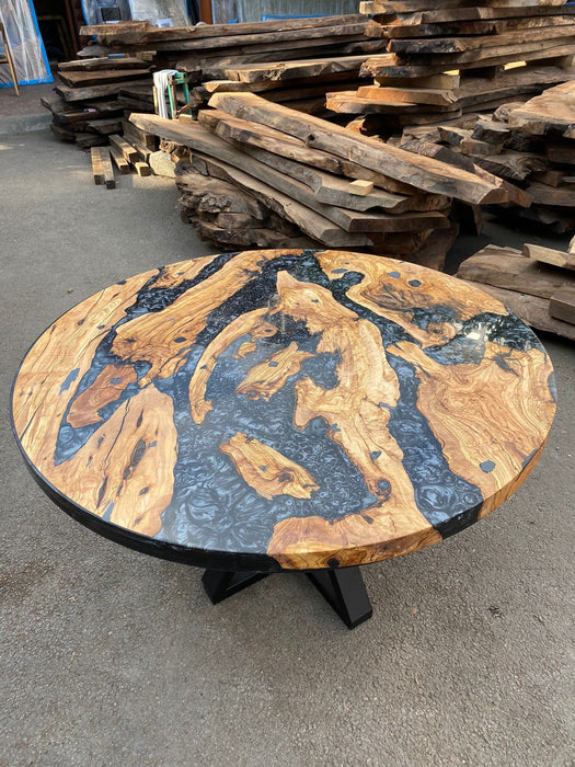 Olive Wood Epoxy Table, Olive Wood Coffee Table, Custom 50” Diameter Round Table, Olive Wood Metallic Gray Epoxy Table, Order for William