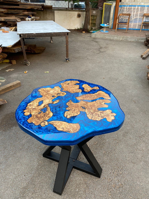 Olive Wood Coffee Table, Custom 30” Diameter Round Olive Wood Table, Metallic Blue Epoxy Table, Epoxy Resin Table, Custom Order for William