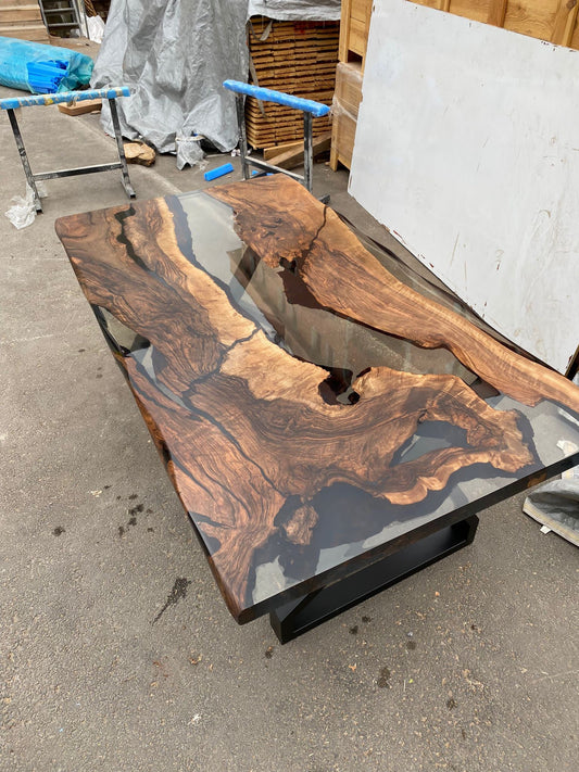 Live Edge Table, River Table, Clear Epoxy Table, Custom 72” x 40" Walnut Smokey Gray Table, Epoxy River Table, Custom Order for Oluchi