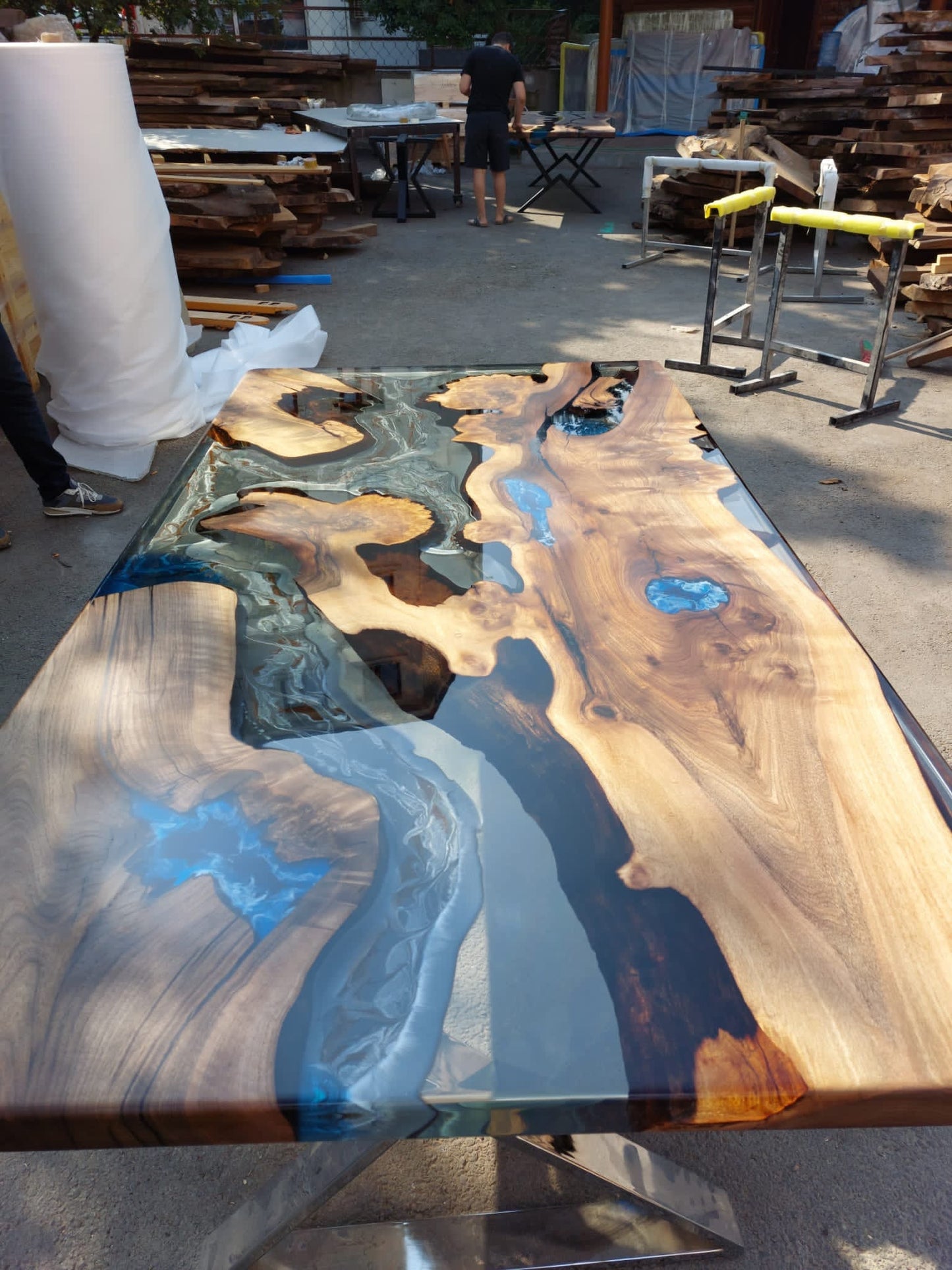 Live Edge Table, River Table, Custom 80” x 42” Walnut Wood Gray Table, Marble and Blue Ocean Table, Epoxy Table, Custom for Krystal