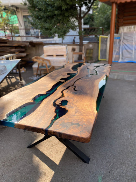 Live Edge Table, Custom 115” x 48” Walnut Wood Transparent Translucent Turquoise Green Table, Epoxy River Table, Custom Order for Constance