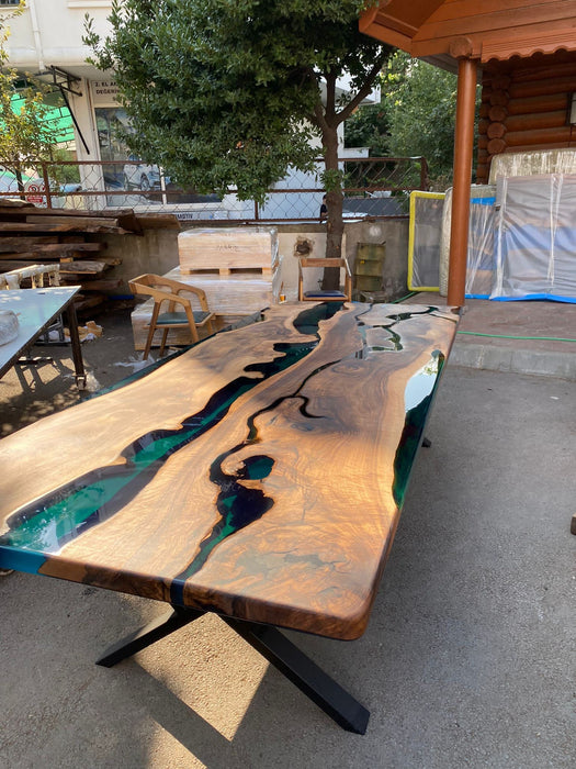 Live Edge Table, Custom 115” x 48” Walnut Wood Transparent Translucent Turquoise Green Table, Epoxy River Table, Custom Order for Constance