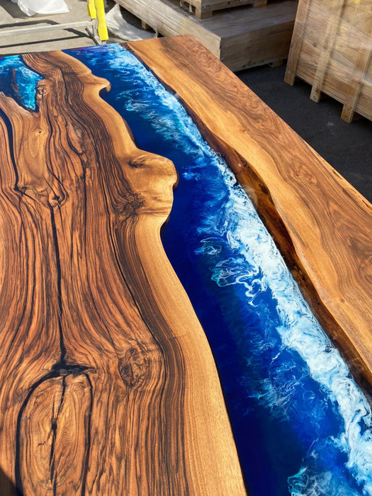 Wooden Table, Live Edge Table, Custom 90” x 42” Walnut Wood Table, Deep Blue and Turquoise Table, White Waves Epoxy Table, for Kelly Bark