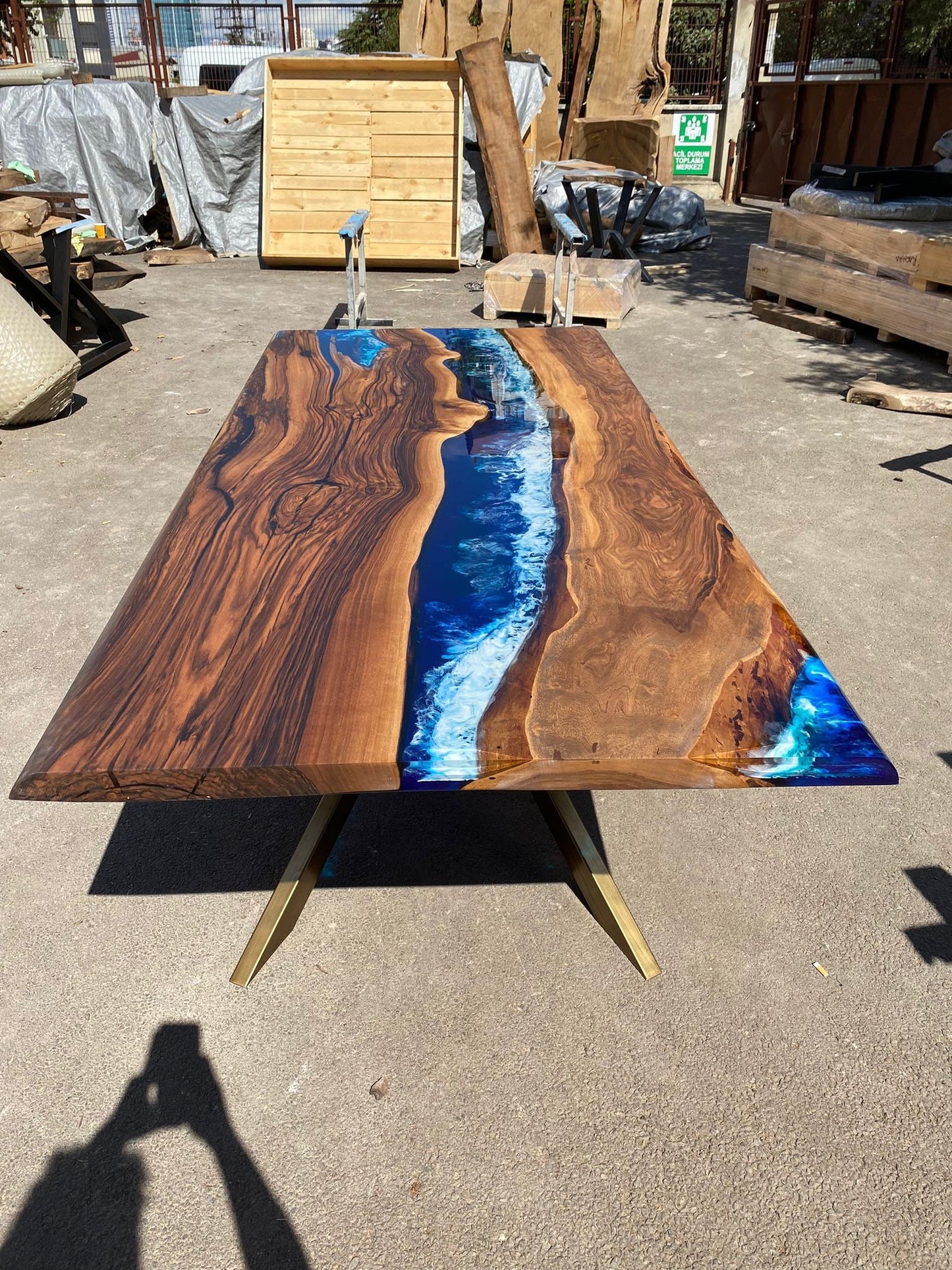 Epoxy Resin Table, Handmade Epoxy Table, Custom 90” x 42” Walnut Wood Deep Blue and Turquoise, White Waves Epoxy Table, for Kelly Bark2