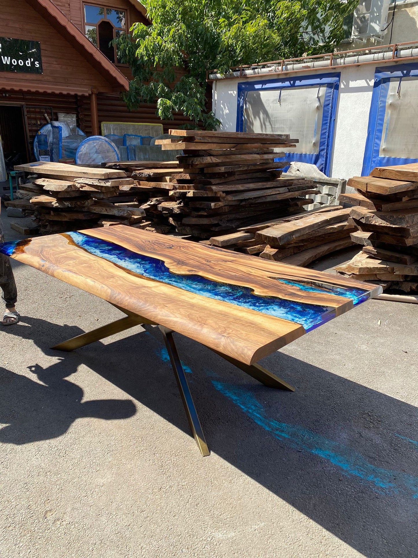 Epoxy Resin Table, Handmade Epoxy Table, Custom 90” x 42” Walnut Wood Deep Blue and Turquoise, White Waves Epoxy Table, for Kelly Bark2