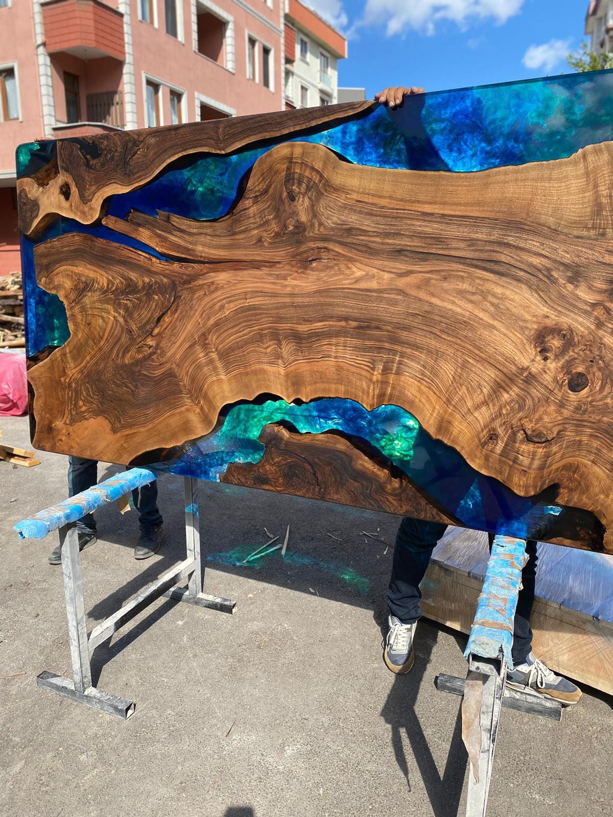 Handmade Epoxy Table, Custom 115” x 39” Walnut Blue, Turquoise, Green Table, Epoxy Dining Table, Live Edge Table, Custom for Ritu