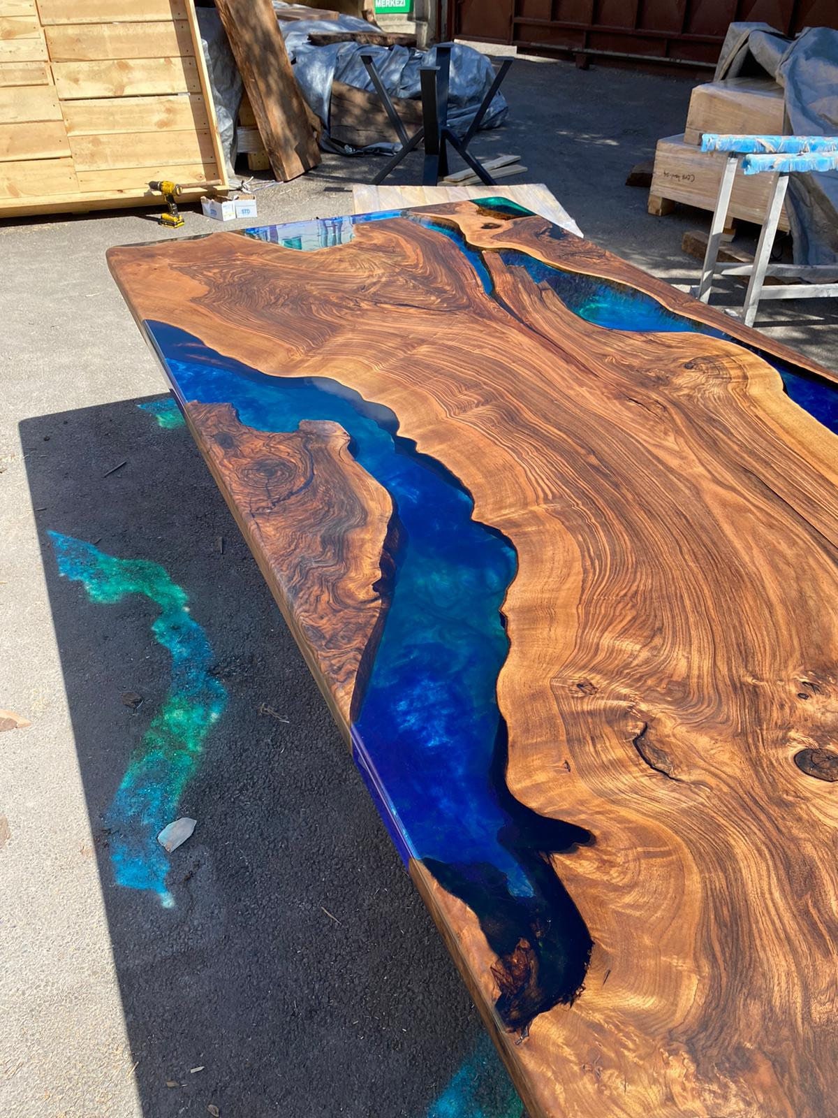 Handmade Epoxy Table, Custom 115” x 39” Walnut Blue, Turquoise, Green Table, Epoxy Dining Table, Live Edge Table, Custom for Ritu