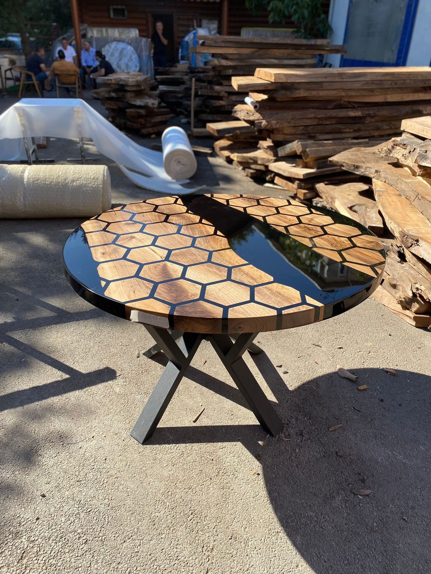 Custom 48” Diameter Round Table, Walnut Black Epoxy Table, Hexagon Honeycomb Table for Jodi