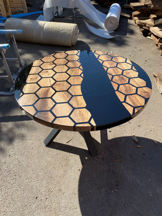 Custom 48” Diameter Round Table, Walnut Black Epoxy Table, Hexagon Honeycomb Table for Jodi