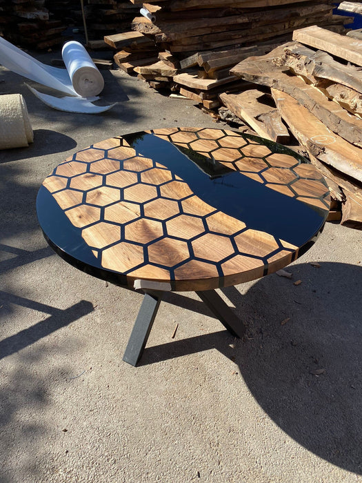 Custom 48” Diameter Round Table, Walnut Black Epoxy Table, Hexagon Honeycomb Table for Jodi