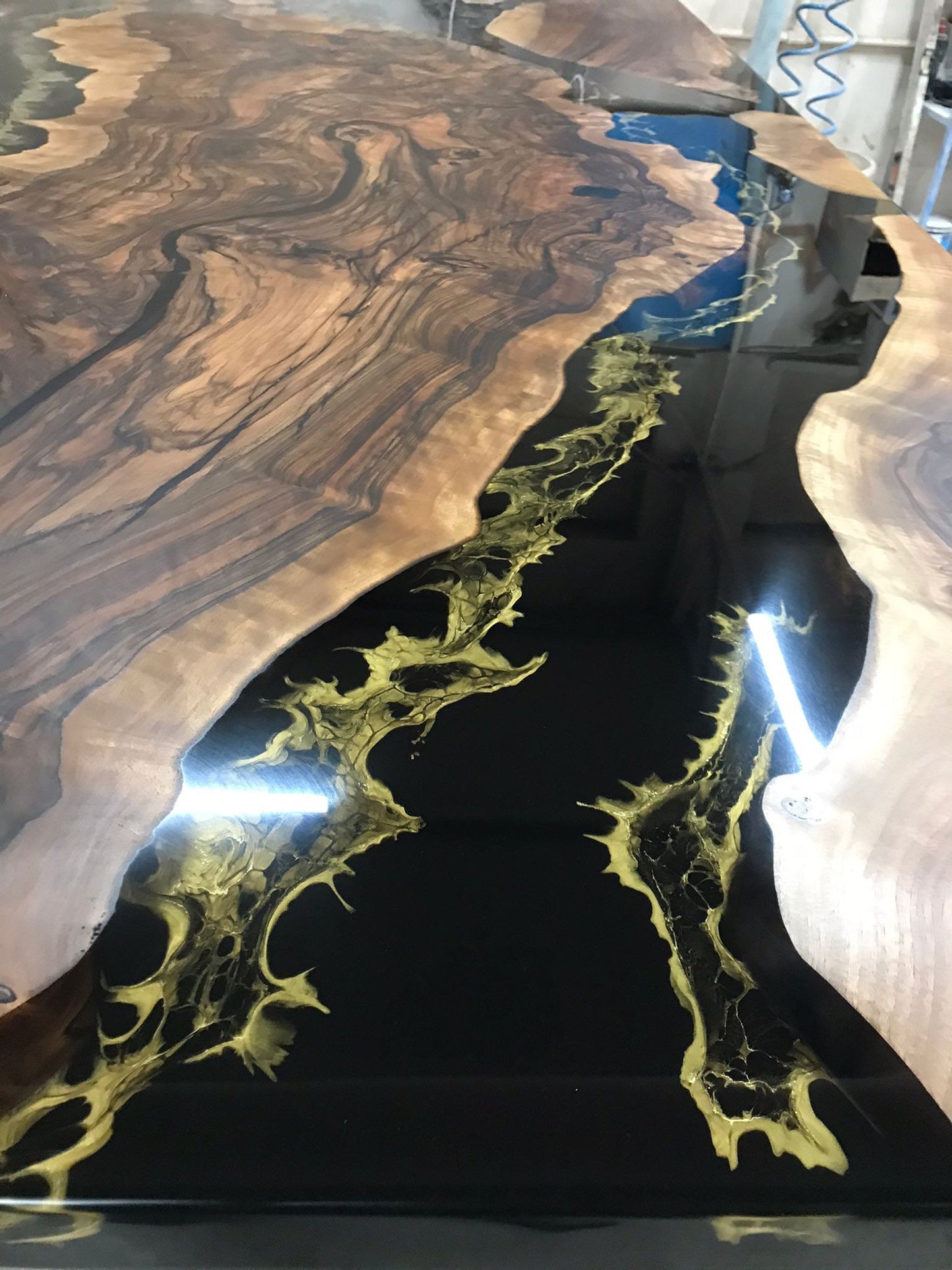 Walnut Dining Table, Custom 108” x 48" Black Epoxy Table, Gold Leaf Table, River Table, Live Edge Table, Epoxy Dining Table for Stella