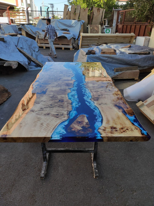 Poplar Table, Epoxy Resin Table, Custom 88” x 42” Poplar Wood Table, Shiny Ocean Blue Table, Epoxy River Table, Custom Order for Natalie