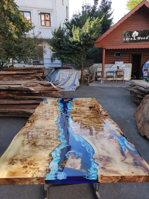 Poplar Table, Epoxy Resin Table, Custom 88” x 42” Poplar Wood Table, Shiny Ocean Blue Table, Epoxy River Table, Custom Order for Natalie