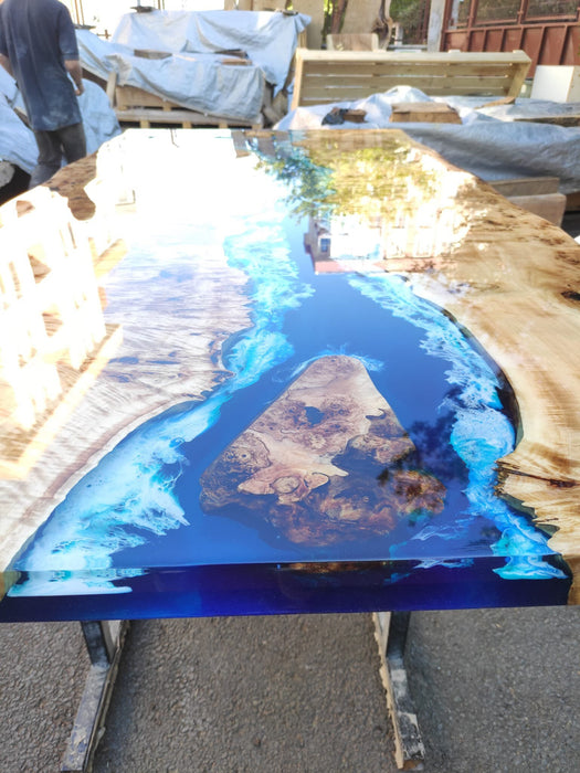 Poplar Table, Epoxy Resin Table, Custom 88” x 42” Poplar Wood Table, Shiny Ocean Blue Table, Epoxy River Table, Custom Order for Natalie