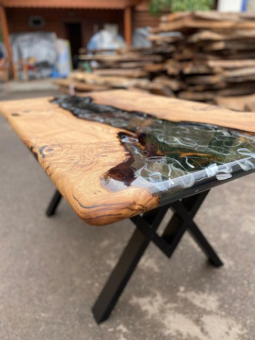 Live Edge Table, Epoxy Resin Table, Custom 60” x 36” Chestnut Smokey Gray Epoxy with White Strike Resin River Dining Table, Order for Rahad