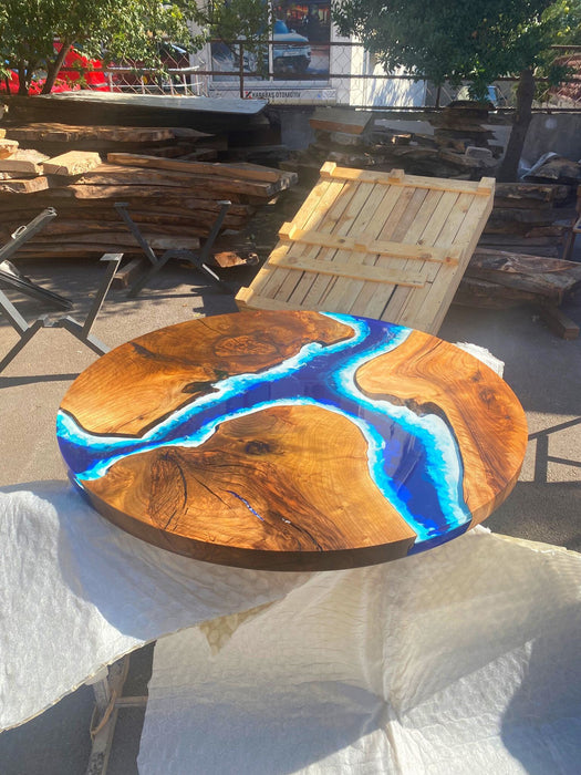 Round Dining Table, Custom 48”Diameter Round Table, Walnut Wood Ocean Blue with Waves Table, Epoxy Dining Table, Wooden Table, for Mahesh