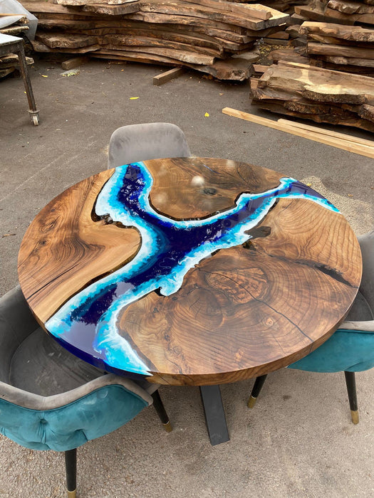 Round Dining Table, Custom 48”Diameter Round Table, Walnut Wood Ocean Blue with Waves Table, Epoxy Dining Table, Wooden Table, for Mahesh