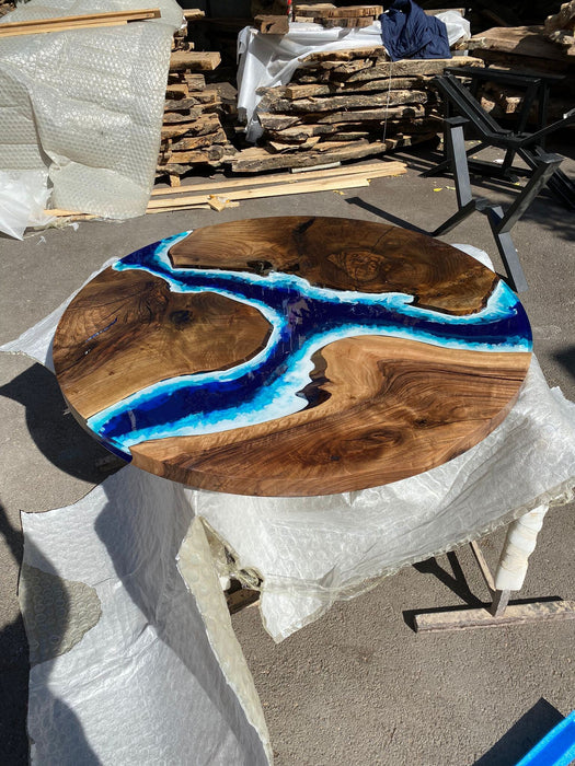 Round Dining Table, Custom 48”Diameter Round Table, Walnut Wood Ocean Blue with Waves Table, Epoxy Dining Table, Wooden Table, for Mahesh