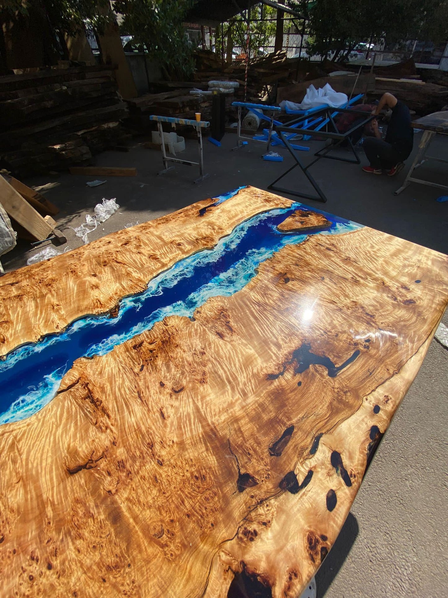 Poplar Table, Epoxy Resin Table, Custom 88” x 42” Poplar Wood Table, Shiny Ocean Blue Table, Epoxy River Table, Custom Order for Natalie 2