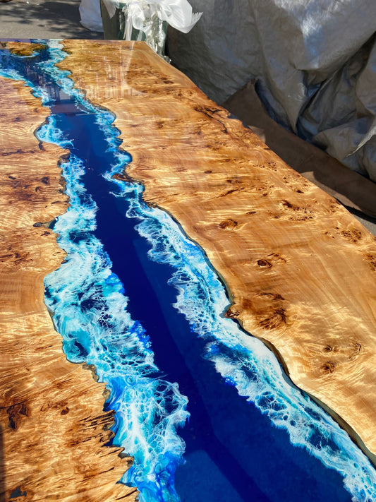 Poplar Table, Epoxy Resin Table, Custom 88” x 42” Poplar Wood Table, Shiny Ocean Blue Table, Epoxy River Table, Custom Order for Natalie 2