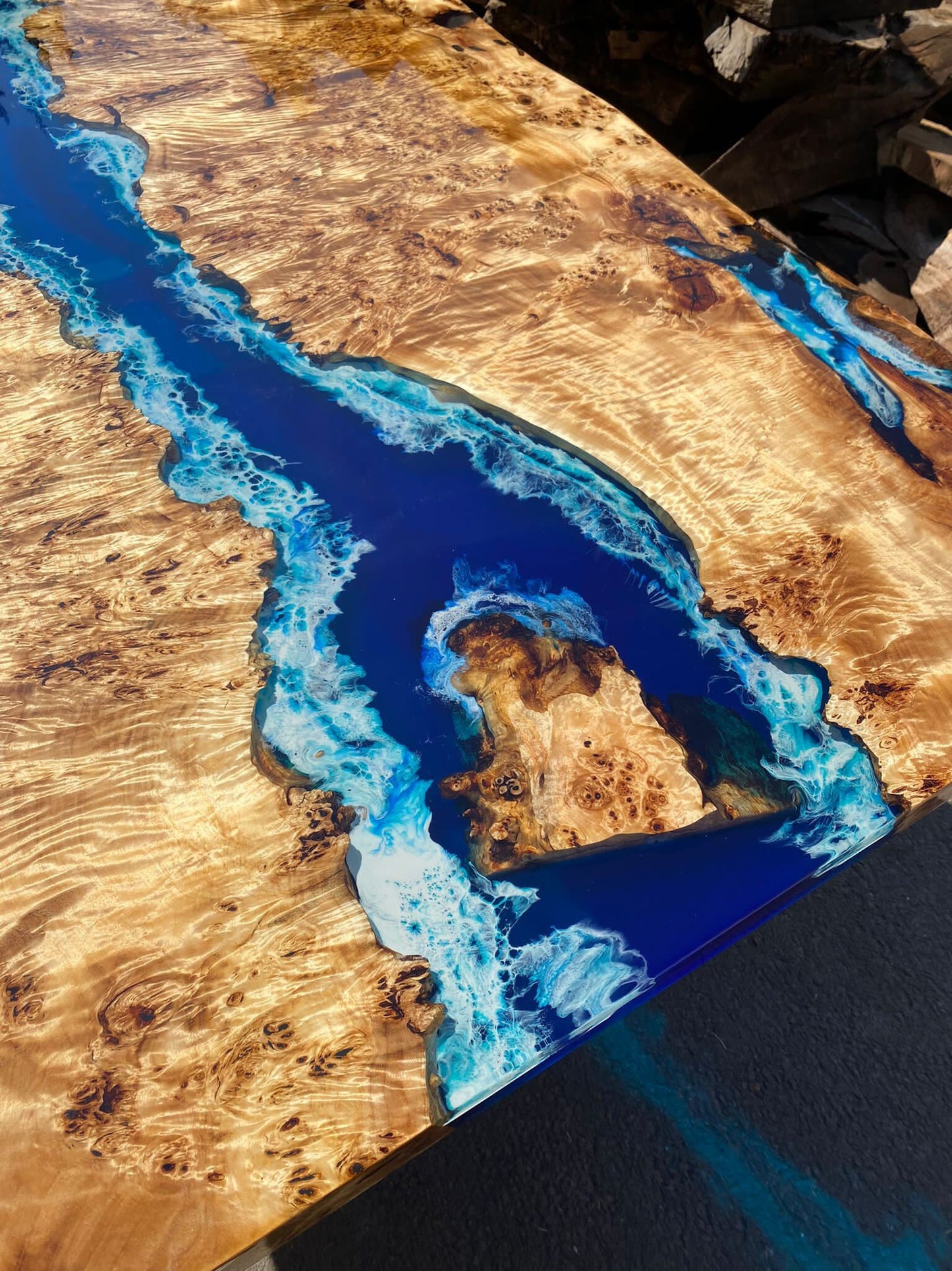 Poplar Table, Epoxy Resin Table, Custom 88” x 42” Poplar Wood Table, Shiny Ocean Blue Table, Epoxy River Table, Custom Order for Natalie 2