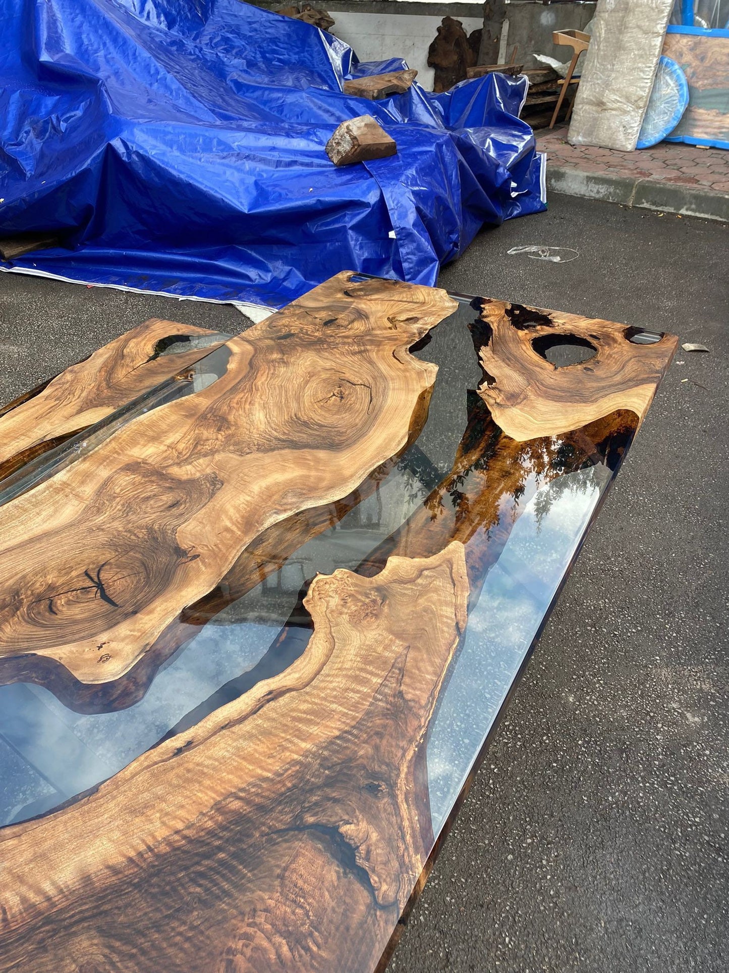 Epoxy Table, Epoxy Dining Table, Walnut Epoxy River Table, Custom 82” x 42” Walnut Smokey Gray Epoxy River Table and Bench, Order for Peggy