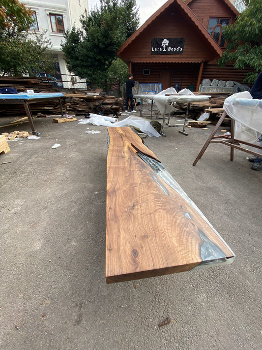 Clear Epoxy Table, River Table, Live Edge Table, Custom 86” x 17” Walnut Wood Gray Table, Marble Effect Epoxy Bench for Korrine 3