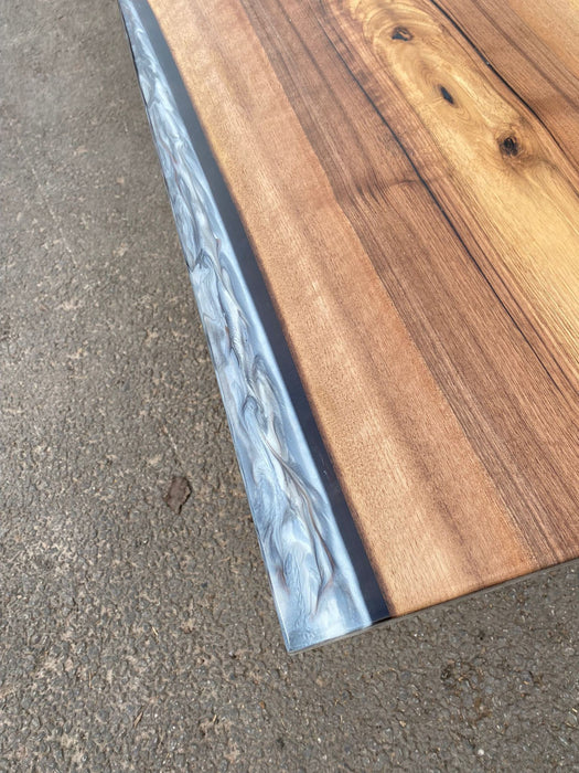 Clear Epoxy Table, River Table, Live Edge Table, Custom 86” x 17” Walnut Wood Gray Table, Marble Effect Epoxy Bench for Korrine 3