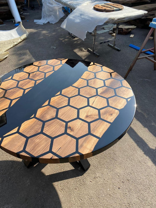 Custom 48” Diameter Round Table, Walnut Black Epoxy Table, Hexagon Honeycomb Table for Jodi 2