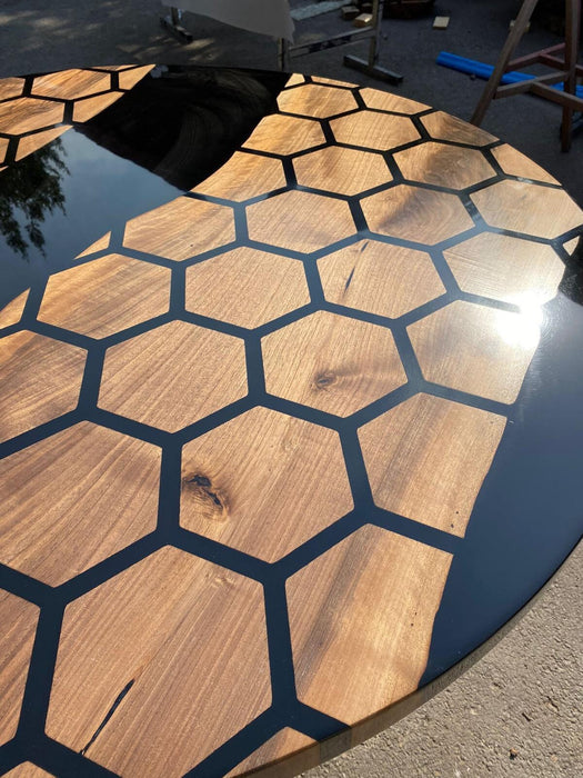 Custom 48” Diameter Round Table, Walnut Black Epoxy Table, Hexagon Honeycomb Table for Jodi 2