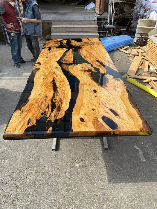 Olive Wood Epoxy Table, Custom 106” x 44” Shiny Black Epoxy Table, Epoxy Resin Table, Live Edge Table for Gina