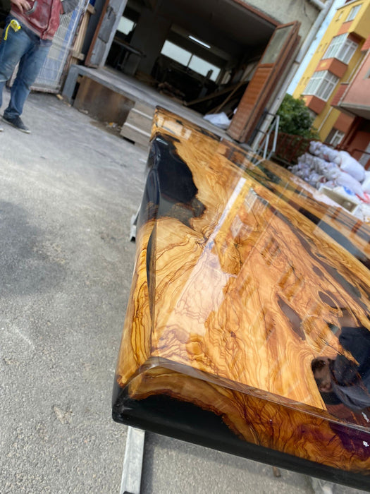 Olive Wood Epoxy Table, Custom 106” x 44” Shiny Black Epoxy Table, Epoxy Resin Table, Live Edge Table for Gina