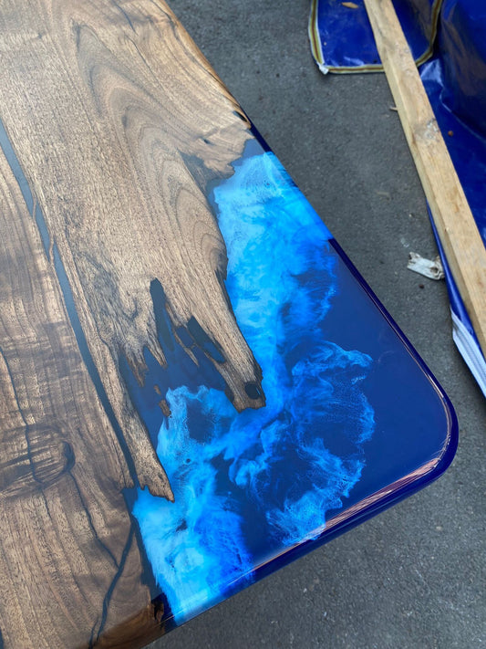 Handmade Epoxy Table, Custom 96” x 36” Walnut Deep Ocean Blue Table, Epoxy River Dining, Live Edge Table, Custom Order for Brandon A