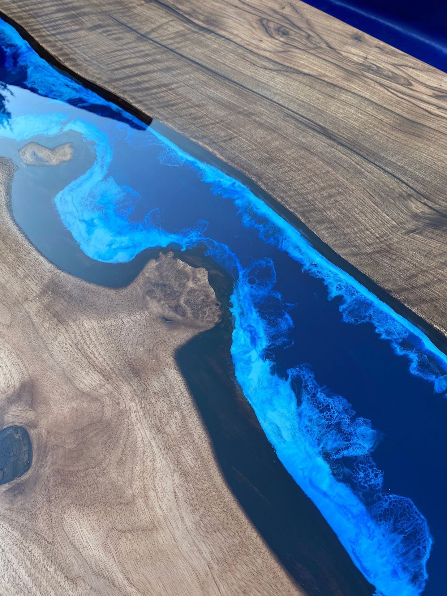 Handmade Epoxy Table, Custom 96” x 36” Walnut Deep Ocean Blue Table, Epoxy River Dining, Live Edge Table, Custom Order for Brandon A