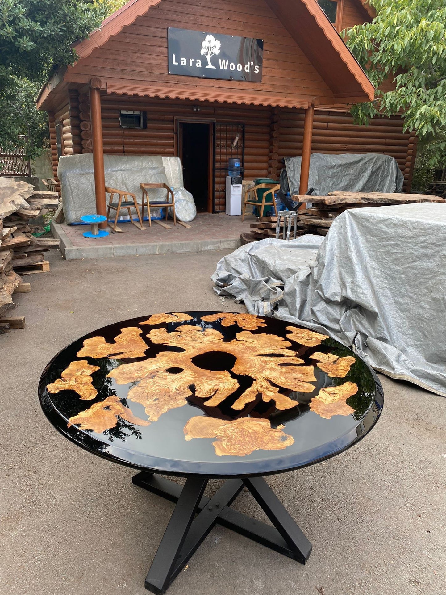 Olive Wood Epoxy Table, Custom 55” Diameter Round Table, Olive Wood Black Epoxy Table, Epoxy Dining Table, Custom Order for Adriano Tampa