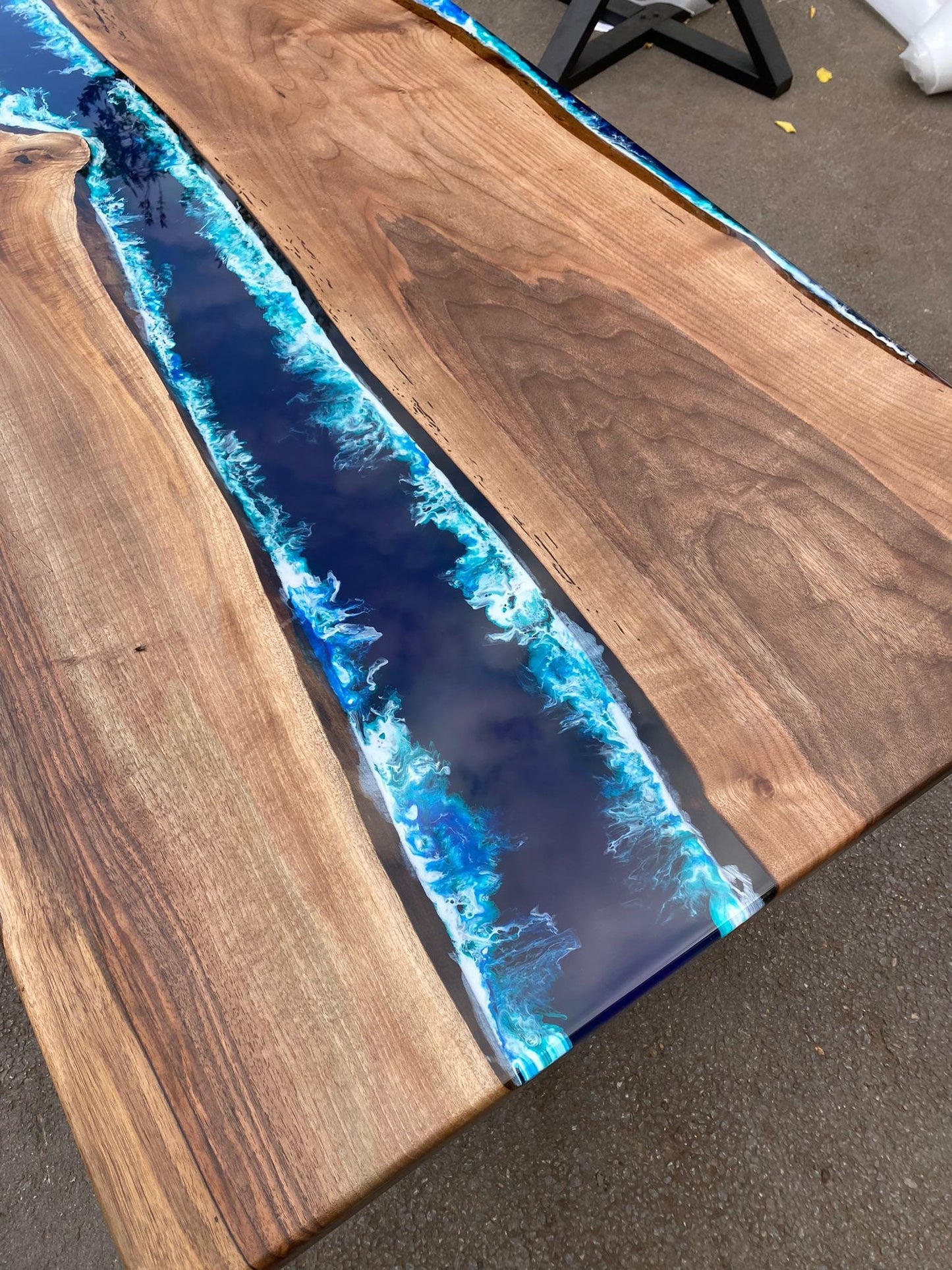 Walnut Dining Table, Custom 60” x 36” Walnut Wood Deep Blue and Turquoise, White Waves Table, Epoxy Table, Live Edge Table, Custom for Chris