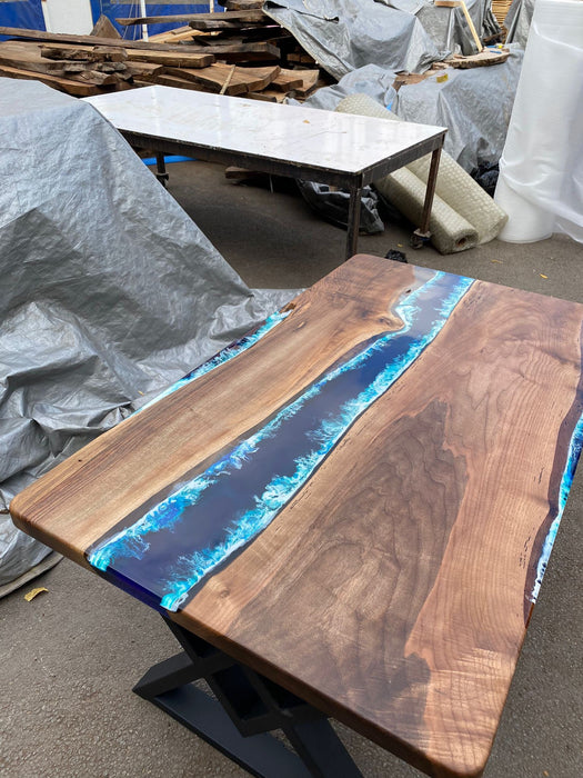 Walnut Dining Table, Custom 60” x 36” Walnut Wood Deep Blue and Turquoise, White Waves Table, Epoxy Table, Live Edge Table, Custom for Chris