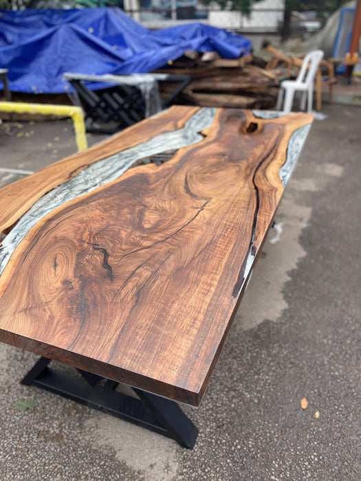 Epoxy Marble Table, Live Edge Table, Custom 96” x 42” Walnut Wood Gray Table, Marble Affect Epoxy Table, River Table, Custom for Sarah 2