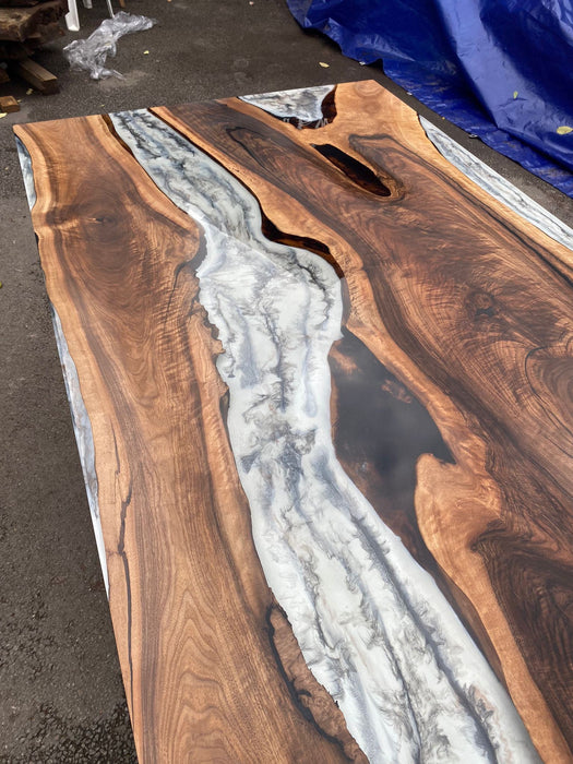 Epoxy Marble Table, Live Edge Table, Custom 96” x 42” Walnut Wood Gray Table, Marble Affect Epoxy Table, River Table, Custom for Sarah 2