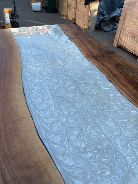 Custom 77”x 42” Walnut Metallic Dark Pearl White Epoxy Table, River Table, White Epoxy Resin Table, Live Edge Table for Chan