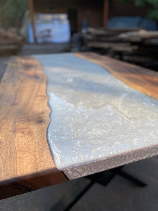 Custom 77”x 42” Walnut Metallic Dark Pearl White Epoxy Table, River Table, White Epoxy Resin Table, Live Edge Table for Chan