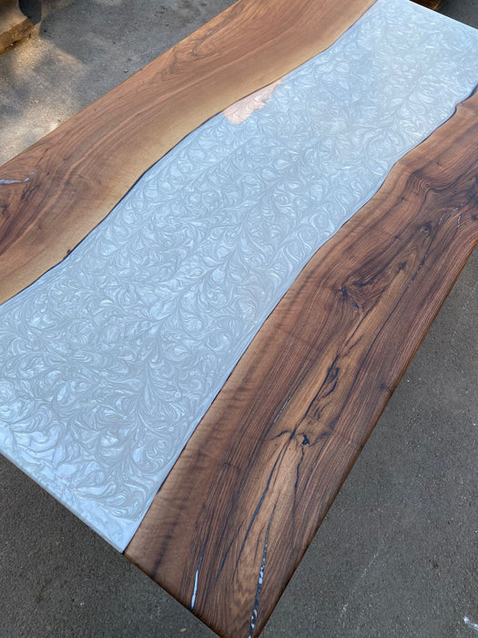 Custom 77”x 42” Walnut Metallic Dark Pearl White Epoxy Table, River Table, White Epoxy Resin Table, Live Edge Table for Chan