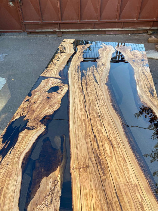 Epoxy Resin Table, Olive Wood Table, Olive Wood Epoxy Table, Custom 96” x 42” Olive Wood Smokey Gray Epoxy Dining Table, Order for Kayla