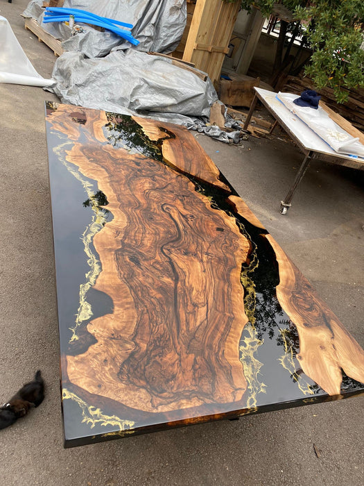 Walnut Dining Table, Custom 108” x 48" Black Epoxy Table, Gold Leaf Table, River Table, Live Edge Table, Epoxy Dining Table for Stella