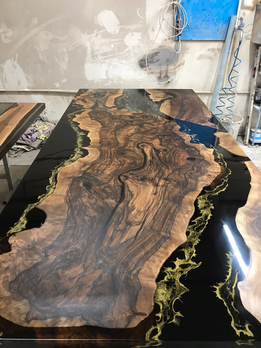 Walnut Dining Table, Custom 108” x 48" Black Epoxy Table, Gold Leaf Table, River Table, Live Edge Table, Epoxy Dining Table for Stella