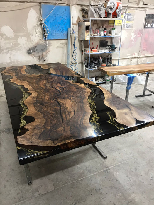 Walnut Dining Table, Custom 108” x 48" Black Epoxy Table, Gold Leaf Table, River Table, Live Edge Table, Epoxy Dining Table for Stella