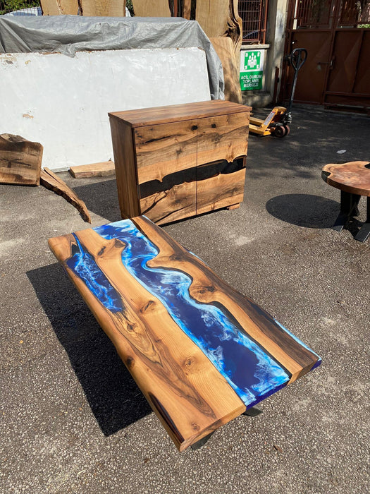 Handmade Epoxy Set, Epoxy Furniture Set, Custom 140cm x 60cm Walnut Ocean Blue, Turquoise White River Dining Table, Order for Chedburn