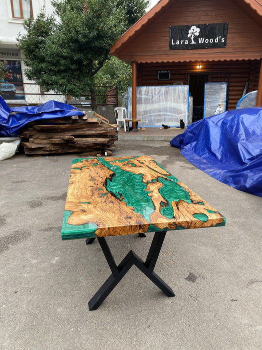 Olive Wood Epoxy Table, Olive Wood Table, Custom 60” x 30” Olive Emerald Green Epoxy Table, River Dining Table, Custom Order for Laura W