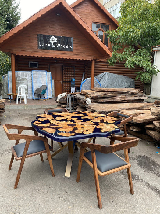 Olive Wood Epoxy Table, Custom 62” Diameter Round Irregular Round Olive Wood Table, Sapphire Blue Epoxy Dining Table, Order for Kimberly L