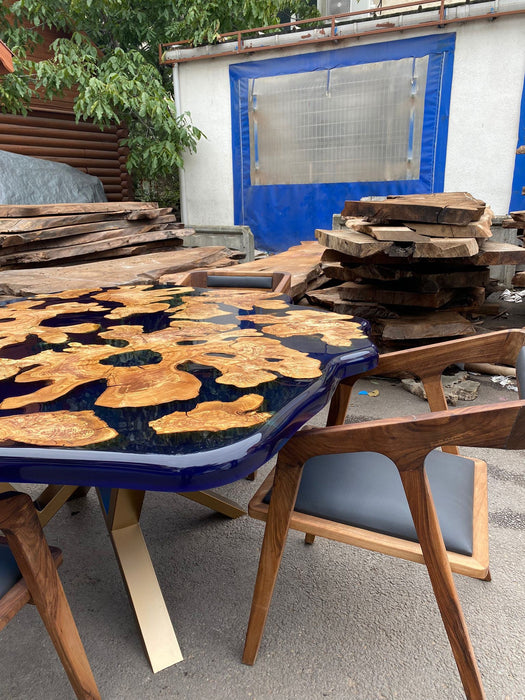 Olive Wood Epoxy Table, Custom 62” Diameter Round Irregular Round Olive Wood Table, Sapphire Blue Epoxy Dining Table, Order for Kimberly L